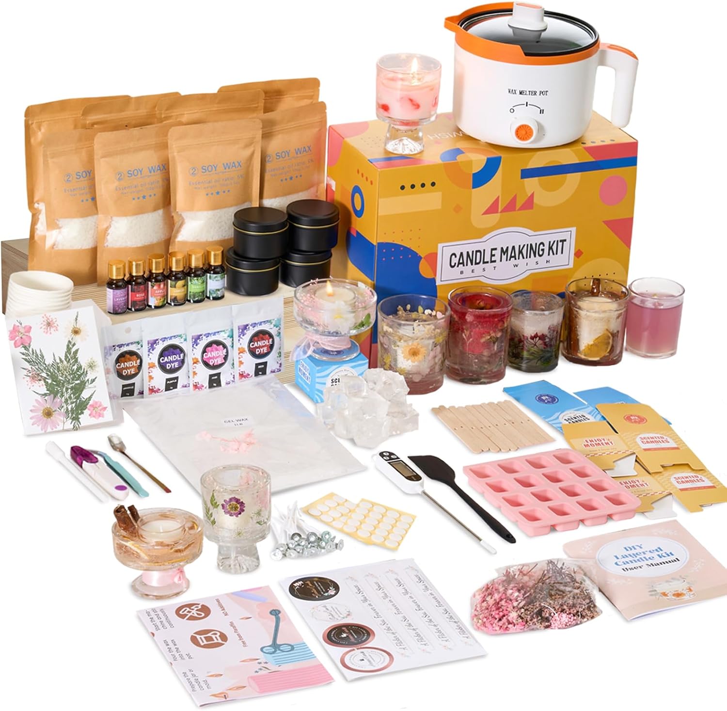 Candle Making For Beginners - 2-in-1大豆＆ゼリーワックスDIYキャンドル作成キット（初心者＆大人向け） | 完全なキャンドル作りキット、デュアル設定ワックスメルター、カスタムフレグランス＆カラー、家庭での趣味やホリデーギフトに最適