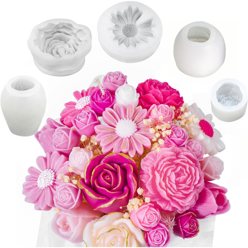 Candle Making For Beginners - 5フラワーキャンドルモールドセット、3D花柄シリコンキャンドルモールド、キャンドル作りに使用、デイジー、ピオニー、ローズ、チューリップフラワーモールド