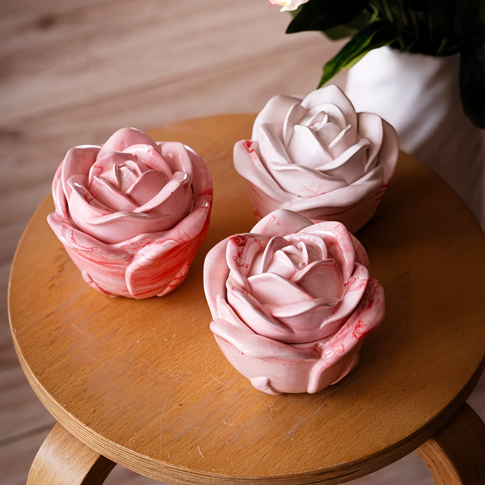 Candle Making Design - 2ピースセット ローズ型シリコンモールド 蓋付き、エポキシ樹脂、石膏、コンクリートクラフト用のエレガントなキャンドルホルダーモールド